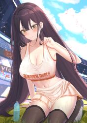 Rule 34 | 1girl, absurdres, adjusting clothes, armpits, black hair, black thighhighs, blush, breasts, brown dust 2, brown eyes, cleavage, cloud, cloudy sky, copyright name, crop top, field, full body, hair between eyes, hand on ground, highres, jack554320, jersey, large breasts, long hair, open mouth, plastic bottle, seiza, shirt, silhouette, sitting, skirt, sky, smile, solo focus, stadium, sweat, sweaty clothes, thighhighs, ventana (brown dust), very long hair, white footwear, white shirt, white skirt