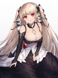 Rule 34 | 1girl, :o, arm support, azur lane, bad id, bad pixiv id, bare shoulders, between breasts, black dress, black nails, blush, breasts, cleavage, coyucom, dress, earrings, formidable (azur lane), frilled dress, frills, hair ornament, hair ribbon, highres, jewelry, large breasts, light brown hair, long hair, long sleeves, looking at viewer, nail polish, red eyes, ribbon, sitting, solo, twintails