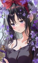Rule 34 | 1girl, black hair, blue eyes, blush, bow, breasts, bug, butterfly, close-up, flower, flower border, hair bow, highres, insect, kiki (majo no takkyuubin), long hair, looking down, majo no takkyuubin, medium breasts, parted lips, purple flower, red bow, saya (mychristian2), solo