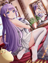 Rule 34 | 2girls, absurdres, azur lane, blue eyes, blush, breasts, buko (bukosuki), cleavage, dress, highres, holding, holding toy, hugging doll, hugging object, large breasts, long hair, looking at viewer, looking to the side, manjuu (azur lane), mirror, multiple girls, no shoes, on floor, open mouth, purple hair, short hair, silver hair, sirius (azur lane), small breasts, soles, thighhighs, toy, unicorn (azur lane), white dress, white legwear, window