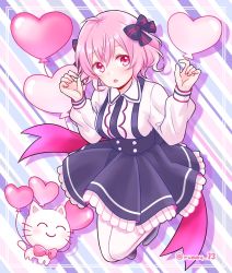 Rule 34 | 1girl, bad id, bad pixiv id, balloon, bow, breasts, cat, heart balloon, highres, indie utaite, long sleeves, looking at viewer, niconico, nqrse, open mouth, pink eyes, pink hair, rummy 73, short hair, simple background, skirt, smile, solo, striped, striped background, striped bow, utaite