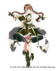 Rule 34 | 1girl, blush, book, braid, breasts, brown eyes, brown hair, commentary request, dorothy (grimms notes), full body, gaou (umaiyo puyoman), green ribbon, green skirt, grimms notes, hair ribbon, holding, holding book, large breasts, long sleeves, looking at viewer, official art, open book, ribbon, shirt, shoes, simple background, skirt, smile, solo, standing, tress ribbon, twin braids, watermark, white background, white shirt