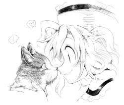 Rule 34 | 1girl, ^^^, blush, cat, female focus, from side, greyscale, harusame (unmei no ikasumi), hat, heart, merlin prismriver, monochrome, noses touching, simple background, sketch, solo, spoken heart, touhou, white background