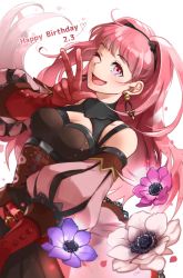 Rule 34 | 1girl, belt, breasts, cleavage, dated, earrings, female focus, fire emblem, fire emblem: three houses, flower, gloves, happy birthday, highres, hilda valentine goneril, jewelry, long hair, long sleeves, matching hair/eyes, nintendo, one eye closed, open mouth, petals, pink eyes, pink hair, ponytail, red gloves, shiroi (shiroicbe), solo, wink