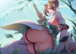 Rule 34 | 1girl, absurdres, alexandria (xenoblade), anus, arm support, ass, ass focus, backless outfit, bottomless, breasts, brown hair, closed mouth, covered erect nipples, from behind, gem, green eyes, h.an (516635864), hair bun, highres, lips, looking at viewer, looking back, lying, medium breasts, no bra, on side, parted bangs, pussy, sideboob, sky, smile, solo, sword, thick thighs, thighhighs, thighs, uncensored, weapon, xenoblade chronicles (series), xenoblade chronicles 3