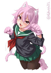 Rule 34 | 1girl, animal ears, black pantyhose, cardigan, cat ears, cat girl, cat tail, ebifurya, green skirt, highres, kantai collection, long sleeves, looking at viewer, neckerchief, one-hour drawing challenge, open mouth, pantyhose, paw pose, pink hair, pleated skirt, red eyes, sailor collar, sailor shirt, school uniform, serafuku, shirt, short hair, simple background, skirt, solo, tail, tama (kancolle), white background