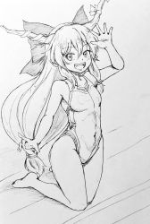 Rule 34 | 1girl, bow, breasts, commentary request, competition swimsuit, covered navel, d-m (dii emu), greyscale, hair bow, horns, ibuki suika, kneeling, long hair, looking at viewer, monochrome, one-piece swimsuit, open mouth, small breasts, swimsuit, touhou, traditional media, very long hair