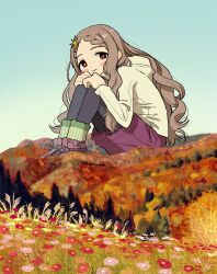 Rule 34 | 1girl, absurdres, aoba kokona, autumn leaves, black leggings, blue sky, blush, boots, braid, braided bangs, bright pupils, brown hair, closed mouth, commentary, day, ear blush, field, flower, flower field, full body, giant, giantess, hair ornament, hairclip, hands on own knees, head on knees, highres, hill, hood, hood down, hooded jacket, jacket, knees up, leg warmers, leggings, leggings under shorts, long hair, long sleeves, looking at viewer, outdoors, pantyhose, parted bangs, pink shorts, red eyes, scenery, shorts, sidelocks, sitting, sky, smile, solo, star (symbol), star hair ornament, susuki grass, tareme, tree, very long hair, wavy hair, white jacket, white pupils, wide shot, yama no susume, zinbei