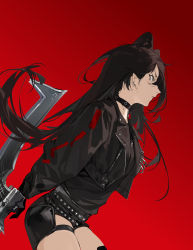 Rule 34 | 1girl, absurdres, animal ears, arknights, belt, black belt, black choker, black coat, black collar, black gloves, black hair, black shirt, choker, coat, collar, dagda (arknights), gloves, highres, jacket, long hair, red background, shirt, simple background, solo, standing, very long hair, weapon, yellow eyes, yeyuanqianqianqian