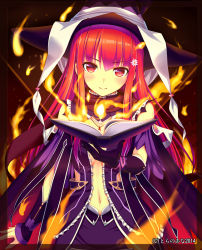 Rule 34 | 1girl, blush, book, fire, harem gain, hat, long hair, looking at viewer, magic, navel, nomura teruya, red eyes, red hair, solo, witch hat