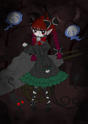 Rule 34 | 1girl, animal ears, bare tree, black bow, black footwear, blunt bangs, bow, braid, cat, cat ears, cat tail, closed mouth, crescent moon, dot mouth, dotaku (wran8845), dress, extra ears, footwear bow, frilled dress, frills, ghost, grave, graveyard, green dress, hair bow, halloween, hatching (texture), highres, jitome, juliet sleeves, kaenbyou rin, linear hatching, long dress, long hair, long sleeves, looking at viewer, moon, multiple tails, nekomata, outdoors, pointy ears, puffy sleeves, red eyes, red hair, scar, scar on face, skull, tail, tombstone, touhou, tree, twin braids, wheelbarrow