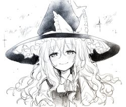 Rule 34 | 1girl, blush, bow, hajin, happy, hat, hat bow, kirisame marisa, long hair, looking at viewer, monochrome, sketch, smile, solo, sparkle, touhou, wavy hair, witch hat