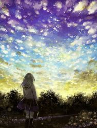 1girl bag black_hair cloud cloudy_sky female_focus flower from_behind long_hair md5_mismatch nomiya_(no_38) original resolution_mismatch scenery school_bag school_uniform serafuku sky solo source_smaller tree twilight wind