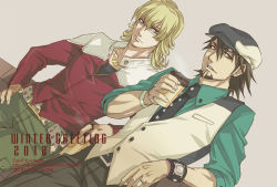 Rule 34 | 10s, 2boys, barnaby brooks jr., belt, blonde hair, brown eyes, brown hair, cabbie hat, coffee, dutch angle, facial hair, glasses, green eyes, hand on own hip, hat, hip focus, jacket, jewelry, kaburagi t. kotetsu, male focus, multiple boys, necklace, necktie, non (nonzile), red jacket, short hair, simple background, stubble, studded belt, tiger &amp; bunny, vest, waistcoat