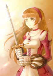 Rule 34 | 1girl, bad id, bad pixiv id, blunt bangs, breasts, brown hair, choker, collarbone, dress, gauntlets, hairband, holding, holding weapon, jewelry, long hair, long sleeves, looking to the side, medieval, mitakarat, necklace, original, pendant, puffy sleeves, solo, sword, weapon, wind, yellow eyes