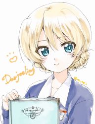 Rule 34 | 10s, 1girl, blonde hair, blue eyes, blue sweater, book, braid, character name, closed mouth, commentary request, darjeeling (girls und panzer), dress shirt, emblem, english text, girls und panzer, highres, kuroi mimei, long sleeves, looking at viewer, photo album, portrait, school uniform, shirt, short hair, simple background, smile, solo, st. gloriana&#039;s (emblem), st. gloriana&#039;s school uniform, sweater, twin braids, twitter username, v-neck, white background, white shirt