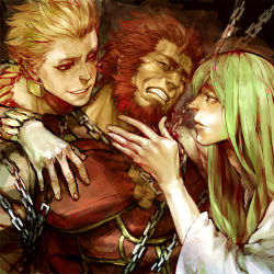 Rule 34 | 3boys, androgynous, armor, beard, blonde hair, bound, bracelet, chain, earrings, enkidu (fate), enkidu (weapon) (fate), facial hair, fate/strange fake, fate/zero, fate (series), gilgamesh (fate), green hair, iskandar (fate), jewelry, long hair, male focus, multiple boys, name connection, necklace, red hair, spoilers, tied up (nonsexual), ttakuann