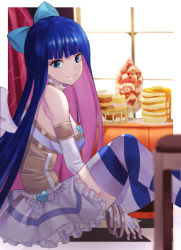 Rule 34 | 1girl, absurdres, aqua eyes, bare shoulders, basket, between legs, blue hair, bow, bracelet, bridal gauntlets, butter, choker, closed mouth, colored inner hair, food, frills, fruit, hair bow, hand between legs, heart, highres, jewelry, knees up, lips, long hair, looking at viewer, mini wings, multicolored hair, pancake, pancake stack, panty &amp; stocking with garterbelt, parfait, pink hair, plate, sitting, smile, solo, stocking (psg), strawberry, striped clothes, striped thighhighs, sweets, syrup, thighhighs, very long hair, white wings, window, wings, yofo, zettai ryouiki