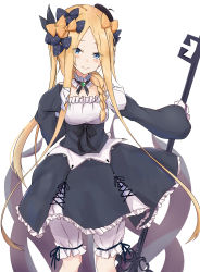 Rule 34 | 1girl, abigail williams (fate), absurdres, arm behind back, black dress, blonde hair, bloomers, blue eyes, blush, bow, braid, brooch, choker, commentary request, dress, fate/grand order, fate (series), hair bow, highres, jewelry, long hair, looking at viewer, multiple hair bows, saku (kudrove), single braid, smile, solo, staff, underwear