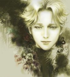 Rule 34 | 1boy, as (ashes), bishounen, blonde hair, blue eyes, closed mouth, flower, green theme, grey background, half-closed eyes, johan liebert, lips, looking at viewer, male focus, monochrome, monster (manga), portrait, realistic, rose, simple background, smile, solo, upper body