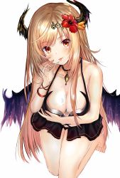 Rule 34 | 1girl, absurdres, bare arms, bare shoulders, barefoot, black one-piece swimsuit, blonde hair, breasts, brown eyes, casual, cleavage, collarbone, commentary request, curled horns, dark angel olivia, efuri (riarea00), fingernails, flower, food on body, food on breasts, granblue fantasy, hair flower, hair ornament, head tilt, highres, holding, horns, kneeling, large breasts, leaning forward, long hair, looking at viewer, olivia (summer) (granblue fantasy), one-piece swimsuit, popsicle stick, purple wings, red flower, simple background, solo, swimsuit, very long hair, white background, wings