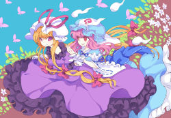 Rule 34 | 2girls, absurdly long hair, absurdres, alternate hair length, alternate hairstyle, arm ribbon, blonde hair, blue sky, breasts, bug, butterfly, day, dress, flower, frilled dress, frilled kimono, frills, gloves, hat, hat ribbon, highres, hitodama, bug, japanese clothes, kimono, kusuke, long hair, long sleeves, looking at another, looking to the side, medium breasts, mob cap, multiple girls, obi, open mouth, pink eyes, pink hair, puffy short sleeves, puffy sleeves, purple dress, purple eyes, ribbon, saigyouji yuyuko, sash, short sleeves, sky, teeth, touhou, tree, triangular headpiece, veil, very long hair, white gloves, yakumo yukari