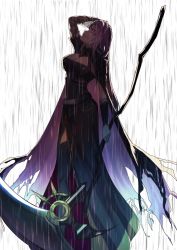 Rule 34 | 1girl, black cloak, black dress, black thighhighs, boots, breasts, cleavage, cloak, commentary, dress, from side, glowing, glowing eyes, grin, hand in own hair, hand on own head, highres, holding, holding scythe, hololive, hololive english, large breasts, long hair, mori calliope, mori calliope (1st costume), pink hair, profile, rain, red eyes, scythe, see-through, see-through sleeves, simple background, smile, solo, thigh boots, thighhighs, torn cloak, torn clothes, vambraces, virtual youtuber, weizen, white background