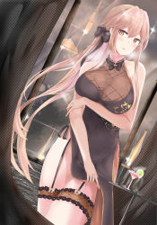 Rule 34 | 1girl, :o, arm under breasts, bare shoulders, black dress, black ribbon, blonde hair, blush, breasts, china dress, chinese clothes, cocktail, cocktail glass, cup, dress, drinking glass, girls&#039; frontline, glint, gloves, hair ribbon, highres, indoors, light, long hair, looking at viewer, night, official alternate costume, ots-14 (girls&#039; frontline), ots-14 (sangria succulent) (girls&#039; frontline), pelvic curtain, reflection, ribbon, ru zhai, sidelocks, sleeveless, solo, table, very long hair, window, yellow eyes