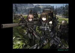 Rule 34 | 1other, 3girls, aiming, arm armor, black border, black gloves, blonde hair, border, brown hair, closed mouth, dot mouth, girls&#039; frontline, gloves, green hair, gun, helmet, holding, holding gun, holding weapon, kuroinu9, looking afar, looking at viewer, m16a1 (girls&#039; frontline), m4 sopmod ii (girls&#039; frontline), m4a1 (girls&#039; frontline), military uniform, multicolored hair, multiple girls, outdoors, outside border, polygonal suppressor, red hair, streaked hair, suppressor, tree, uniform, weapon, weapon behind back