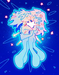 2girls abstract absurdres blue_background blue_outline blue_theme closed_eyes couple explosion highres hug kaogens kiss long_hair multiple_girls no_genitals nude original outline signature star_(sky) thick_outlines yuri