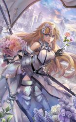 Rule 34 | 1girl, :d, architecture, armor, armored boots, armored dress, blonde hair, blue eyes, boots, bouquet, breasts, building, chain, cloud, commentary request, day, fate/apocrypha, fate/grand order, fate (series), flag, flagpole, flower, flower request, fur trim, gauntlets, headpiece, highres, holding, holding bouquet, holding flower, jeanne d&#039;arc (fate), jeanne d&#039;arc (ruler) (fate), jeanne d&#039;arc (third ascension) (fate), leaning forward, lily (flower), long hair, looking at viewer, medium breasts, mountain, open mouth, outdoors, pink flower, pink rose, rose, scenery, sheath, sky, smile, solo, sword, torino aqua, weapon, white flower, white rose
