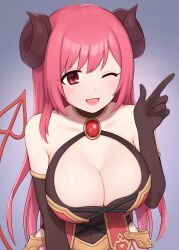 Rule 34 | 1girl, bare shoulders, black gloves, black horns, breasts, brooch, cleavage, cross-laced clothes, cross-laced dress, curled horns, demon girl, demon horns, demon tail, elbow gloves, gloves, goat horns, goroo (goropii), heart, heart tail, highres, horns, io (princess connect!), jewelry, large breasts, long hair, one eye closed, open mouth, pink hair, princess connect!, red brooch, red eyes, simple background, smile, solo, straight hair, tail, upper body