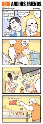 Rule 34 | 2boys, asymmetrical hair, bald, bara, black hair, blue shirt, brown shorts, chai (youtiange), comic, english text, facial hair, glasses, highres, holding, holding manga, holding phone, large pectorals, male focus, manga (object), multiple boys, muscular, muscular male, open mouth, orange shirt, original, pectorals, phone, pornography, shirt, short hair, shorts, sidecut, smile, stubble, talking on phone, thick eyebrows, tian (youtiange), twitter username, undercut, yaoi, youtian (youtiange)