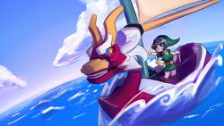 Rule 34 | 1girl, black hair, blue eyes, boat, cosmikaizer, cosplay, crossover, highres, hololive, link, looking to the side, nintendo, ocean, oozora subaru, sheath, sheathed, shield, shield on back, solo, sword, the legend of zelda, the legend of zelda: the wind waker, toon link, toon link (cosplay), virtual youtuber, water, watercraft, weapon