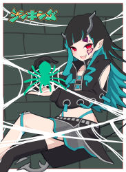 Rule 34 | 1girl, nanashi inc., absurdres, belt, belt bra, black gloves, black hair, black jacket, black skirt, black thighhighs, blue belt, blue hair, blush, brick wall, bug, chest belt, clothing cutout, commentary request, cropped jacket, cross-laced clothes, cross-laced sleeves, demon girl, demon horns, demon tail, facepaint, fang, feet out of frame, flat chest, fukahire234, gloves, grey skirt, heart, highres, horns, jacket, layered skirt, long hair, long sleeves, looking at viewer, multicolored hair, open clothes, open jacket, open mouth, pointy ears, red eyes, shishio chris, shoulder cutout, silk, single glove, single thighhigh, skin fang, skirt, smile, solo, spider, spider web, sugar lyric, tail, thighhighs, two-tone hair, virtual youtuber, zipper skirt