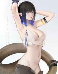 Rule 34 | 1girl, arknights, arm strap, armpits, arms up, bare arms, bare shoulders, black hair, blue eyes, blue hair, breasts, camisole, cleavage, commentary request, cowboy shot, eunectes (arknights), eunectes (forgemaster) (arknights), gradient background, grey background, groin, large breasts, looking at viewer, multicolored hair, navel, navel piercing, piercing, pointy ears, rifu (643763873), short hair, snake tail, solo, standing, stomach, tail