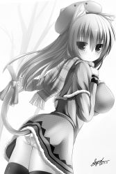Rule 34 | animal ears, ass, cat ears, cat tail, greyscale, hat, highres, mia flatpaddy, monochrome, original, panties, ribbon, scarf, signature, solo, syroh, tail, tail ornament, tail ribbon, thighhighs, underwear