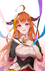 Rule 34 | 1girl, ahoge, black hairband, black jacket, blonde hair, blunt bangs, blush, bow, breasts, bright pupils, brooch, cleavage, cleavage cutout, clothing cutout, collared shirt, commentary request, diagonal-striped bow, dragon girl, dragon horns, dragon tail, gem, gradient background, hair intakes, hairband, hand on own chest, highres, hololive, horn bow, horn ornament, horns, jacket, jewelry, kiryu coco, kiryu coco (1st costume), large breasts, long hair, looking at viewer, multicolored eyes, multicolored hair, orange hair, parted lips, pink background, pleated skirt, pointy ears, purple eyes, red eyes, red skirt, shirt, sidelocks, simple background, skirt, slit pupils, smile, solo, standing, streaked hair, striped, striped bow, tail, toto (kuro toto), upper body, virtual youtuber, white background, white pupils, white shirt