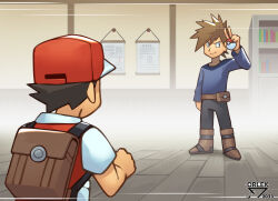 Rule 34 | 2boys, arm at side, artist name, backpack, bag, blue oak, boots, brown bag, brown footwear, brown hair, closed mouth, commentary, creatures (company), game freak, hand up, hat, highres, holding, holding poke ball, indoors, jacket, long sleeves, male focus, multiple boys, nintendo, orlek, pants, poke ball, poke ball (basic), pokemon, pokemon rgby, red (pokemon), red hat, shirt, short hair, short sleeves, smile, spiked hair, standing, wooden floor