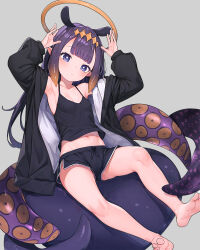 Rule 34 | 1girl, armpits, arms up, barefoot, black camisole, black jacket, black shorts, blunt bangs, blush, breasts, camisole, closed mouth, collarbone, commentary, diamond hairband, dolphin shorts, extra ears, feet, full body, grey background, halo, highres, hololive, hololive english, jacket, legs, long hair, long sleeves, luckyeldayo, midriff, navel, ninomae ina&#039;nis, open clothes, open jacket, pointy ears, puffy long sleeves, puffy sleeves, purple eyes, purple hair, revision, shorts, simple background, small breasts, soles, solo, tentacle hair, tentacles, toes, upshorts, virtual youtuber