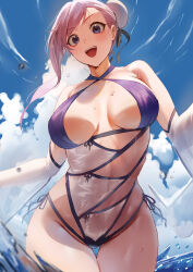 Rule 34 | 1girl, absurdres, blue eyes, blue sky, blush, breasts, bun cover, cleavage, criss-cross halter, detached sleeves, fate/grand order, fate (series), hair bun, hair ribbon, halterneck, highleg, highleg swimsuit, highres, large breasts, long hair, looking at viewer, miyamoto musashi (fate), miyamoto musashi (fate/grand order), miyamoto musashi (swimsuit berserker) (fate), miyamoto musashi (swimsuit berserker) (third ascension) (fate), open mouth, pink hair, ribbon, rororo, single side bun, sky, smile, solo, swept bangs, swimsuit, thighs, two-tone swimsuit, wading, water, wet, white swimsuit, wide sleeves