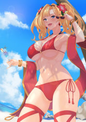 Rule 34 | 1girl, absurdres, beach, bikini, blonde hair, blue eyes, blush, breasts, cleavage, cloud, cup, drinking glass, unworn eyewear, flower, granblue fantasy, hair intakes, hair ornament, hairband, highres, holding, holding removed eyewear, jewelry, lancer24, large breasts, long hair, looking at viewer, midriff, navel, open mouth, red bikini, sky, smile, solo, sunglasses, swimsuit, twintails, zeta (granblue fantasy), zeta (summer) (granblue fantasy)
