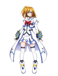 1girl absurdres blue_eyes bow commission cosplay fingerless_gloves full_body gloves hair_bow highres juliet_sleeves kosaka_honoka long_sleeves love_live! love_live!_school_idol_project lyrical_nanoha mahou_shoujo_lyrical_nanoha_strikers orange_hair oshimaru026 pixiv_commission puffy_sleeves red_bow shoes short_hair takamachi_nanoha takamachi_nanoha_(aggressor_mode) takamachi_nanoha_(cosplay) thighhighs white_thighhighs zettai_ryouiki