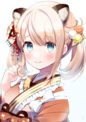 Rule 34 | 1girl, absurdres, animal ear fluff, animal ears, blonde hair, blue eyes, blush, bow, closed mouth, commentary request, expressionless, frilled kimono, frills, hair ornament, hand up, highres, hololive, japanese clothes, kazama iroha, kimono, looking at viewer, orange kimono, playing with own hair, pom pom (clothes), pom pom hair ornament, shinomiya shino (sinosino141), short hair, simple background, smile, solo, twintails, upper body, virtual youtuber, white background, white bow