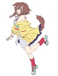 Rule 34 | 1girl, animal ears, blue footwear, blush, bone hair ornament, braid, breasts, brown hair, cross-laced footwear, dog ears, dog girl, dog tail, dress, from side, full body, hair between eyes, hair ornament, highres, hololive, inugami korone, inugami korone (1st costume), jacket, looking at viewer, medium breasts, medium hair, off shoulder, open mouth, red eyes, red socks, ribbed legwear, shoes, simple background, sketch, sleeveless, sleeveless dress, sneakers, socks, solo, standing, standing on one leg, tail, twin braids, twintails, virtual youtuber, white background, white dress, wristband, xiao chichi, yellow jacket