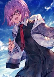 Rule 34 | 1girl, :d, bad id, bad twitter id, benitama, black-framed eyewear, black dress, blue sky, blush, day, dress, fate/grand order, fate (series), hair over one eye, hood, hood down, hooded jacket, jacket, long sleeves, looking at viewer, mash kyrielight, necktie, open clothes, open jacket, open mouth, outdoors, pink hair, purple eyes, red necktie, round teeth, short hair, sky, smile, solo, tareme, teeth, upper body, white jacket