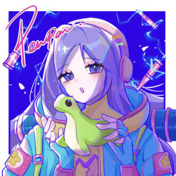 Rule 34 | 1girl, :o, absurdres, apex legends, blue background, blue gloves, blue hair, blue jacket, bodysuit, bullet, chinese commentary, cosplay, electricity, fingerless gloves, gloves, highres, holding, holding stuffed toy, hood, hooded jacket, jacket, kawaii voltage wattson, long hair, norical, open mouth, original, portrait, purple eyes, solo, stuffed toy, wattson (apex legends), wattson (apex legends) (cosplay), yellow bodysuit