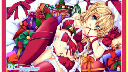 Rule 34 | 1girl, bell, belt, blonde hair, blue eyes, breasts, cameltoe, circus (studio), cleavage, copyright name, da capo, da capo ii, dated, erika murasaki, gift, gloves, haruka natsuki, heart, highres, looking at viewer, lying, medium breasts, navel, on back, panties, red gloves, solo, striped clothes, striped thighhighs, thighhighs, translation request, underwear, white panties