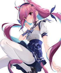Rule 34 | 1girl, ahoge, anchor hair ornament, animal ears, black footwear, black ribbon, blue bow, blue bowtie, blue hair, blue ribbon, blue skirt, bow, bowtie, cat ears, cat girl, cat tail, closed mouth, hair ornament, hair ribbon, highres, hololive, long hair, looking at viewer, low twintails, minato aqua, minato aqua (sailor), multicolored hair, pantyhose, pink eyes, pink hair, ribbon, shoes, short sleeves, simple background, skirt, solo, soya (torga), tail, tail ornament, tail ribbon, twintails, two-tone hair, virtual youtuber, white background, white pantyhose