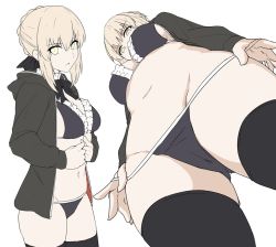 Rule 34 | artoria pendragon (alter swimsuit rider) (fate), artoria pendragon (alter swimsuit rider) (second ascension) (fate), artoria pendragon (fate), bikini, bikini pull, black bikini, black jacket, black legwear, breasts, cleavage, clothes pull, fate/grand order, fate (series), foreshortening, frilled bikini, frilled bikini top, frills, from below, hair between eyes, hood, hoodie, jacket, multiple views, navel, open clothes, open hoodie, pulling own clothes, shiseki hirame, simple background, stomach, swimsuit, thighhighs, v-shaped eyebrows, white background